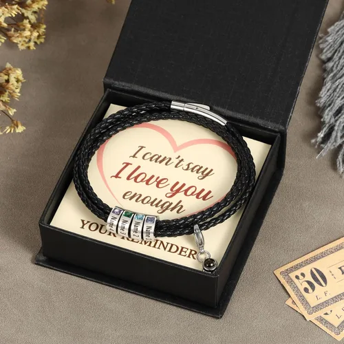Miniatura 46 de Pulsera personalizada para el Día del Padre para hombre, pulseras personalizadas de cuero trenzado negro con cuentas grabadas de 1 a 8 nombres