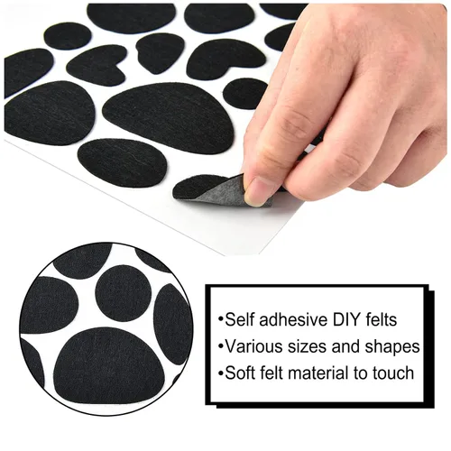 Miniatura 4 de 12 hojas de círculos de fieltro adhesivos negros autoadhesivos, almohadillas de fieltro irregulares estilo perro irregular, 288 piezas