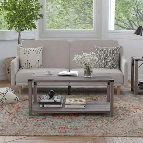 Miniatura 11 de BizChair Modern Farmhouse - Mesa auxiliar de 2 niveles, marco de madera de ingeniería gris Aspen, soportes laterales entrecruzados de metal negro