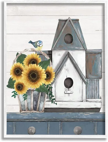 Stupell Industries Country Counter Birdhouse - Arte de pared con marco blanco tradicional de girasol, naturaleza muerta, 11 x 14, gris