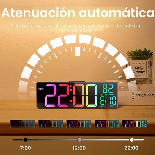 Miniatura 9 de JALL Reloj despertador digital grande de 10.5 pulgadas con 8 colores RGB, fecha, mes, temperatura LED, DST automático, reloj digital de gran