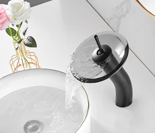 Miniatura 3 de Grifo de baño negro cascada con boquilla de vidrio giratoria de 360 ° con un solo mango, un agujero, latón macizo, grifo de cuenco de baño, lavabo