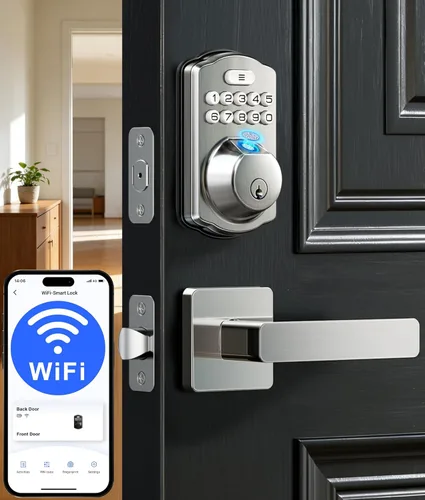 Veise VE012W-L - Cerradura inteligente de huellas dactilares Wi-Fi integrada con juego de manija de palanca, control remoto de aplicación, entrada