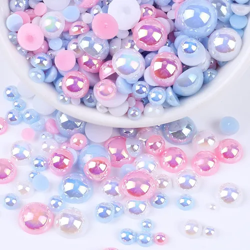 Miniatura 45 de Perlas con parte trasera plana para manualidades, 50g Mezcla Azul Rosa Blanco Medias perlas para manualidades, Tamaño mixto 3/4/5/6/8/10mm Perlas
