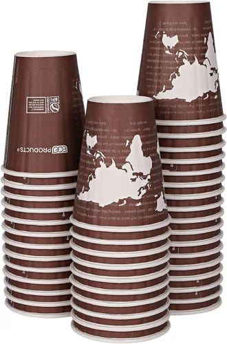 ECO PRODUCTS Tazas de café desechables aisladas compostables World Art 8 onzas, paquete de 40, vaso de papel caliente renovable de doble pared,