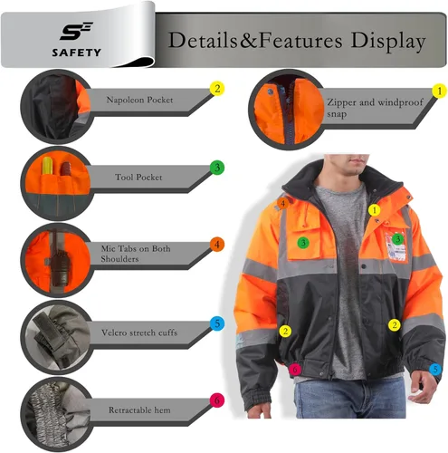 Miniatura 4 de sesafety Chaqueta reflectante para hombre, chaquetas de alta visibilidad, chaquetas de seguridad para hombre, chaquetas de bomber de construcción