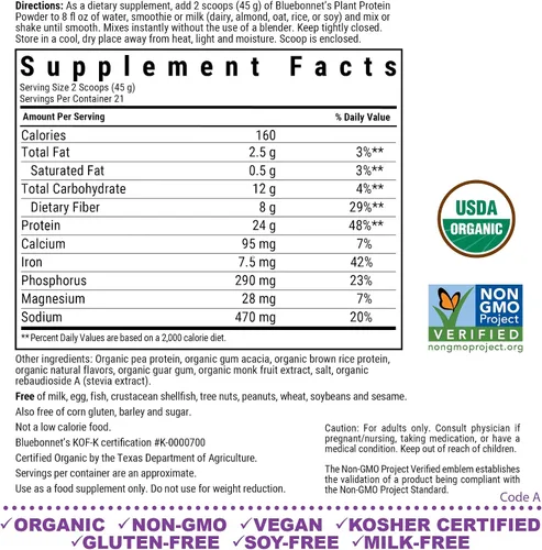Miniatura 2 de BlueBonnet Nutrition - Proteína vegetal orgánica en polvo, 0.94 onzas de proteína vegetal, cero azúcar, 0.28 oz de fibra, USDA orgánico, sin OMG