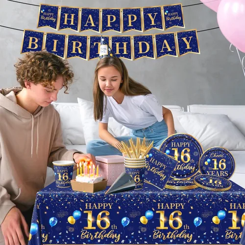 Miniatura 4 de Decoración de cumpleaños número 16 para hombres - Juego de 142 piezas de vajilla azul marino y dorada para cumpleaños (sirve para 20) Incluye