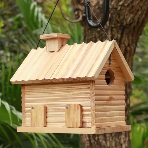 Miniatura 5 de STARSWR Casa de pájaros en el exterior, casas para pájaros al aire libre, cabaña de madera natural para pájaros, 2 agujeros, pinzón azul