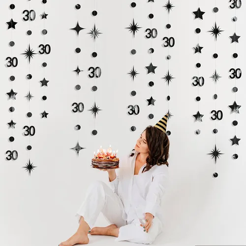 Miniatura 4 de Decoraciones negras de 30 cumpleaños número 30 círculo punto brillante guirnalda metálica colgante serpentina banderín banner telón de fondo