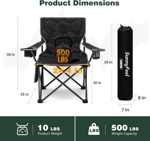 Miniatura 2 de SUNNYFEEL Silla de camping plegable de gran tamaño, paquete de 2 sillas de césped resistentes de 500 libras con reposabrazos plegable portátil negro