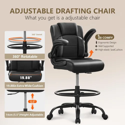 Miniatura 4 de BOSMILLER Silla de dibujo, silla de oficina alta para escritorio de pie con altura ajustable, sillas de computadora con reposapiés para el hogar