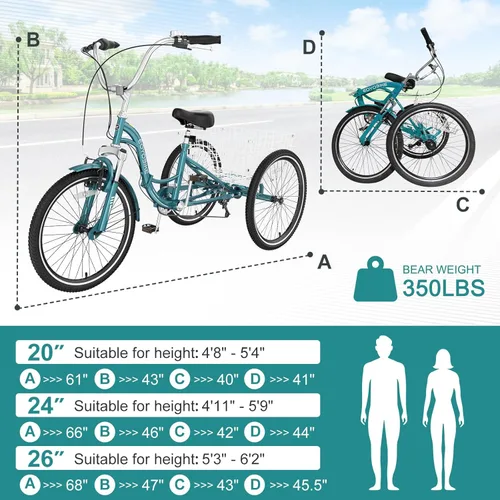 Miniatura 6 de MOPHOTO Triciclo plegable para adultos, 7 velocidades, 20/24/26 pulgadas, bicicleta de 3 ruedas para personas mayores, mujeres y hombres, bicicleta