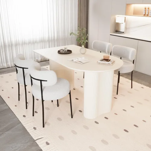 Miniatura 7 de Moderno juego de mesa de comedor color crema para 4, juego de mesa de comedor y sillas de 5 piezas, mesa de comedor ovalada blanca de 63 pulgadas