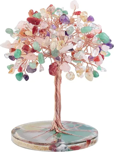 Miniatura 8 de Nupuyai Árbol de dinero de piedra de cristal aguamarina envuelto en rodajas redondas de ágata orgónica, árbol de la vida, bonsái de Feng Shui