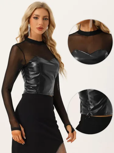Miniatura 2 de Allegra K Top de cuello alto para mujer, corsé de malla de piel sintética transparente de manga larga
