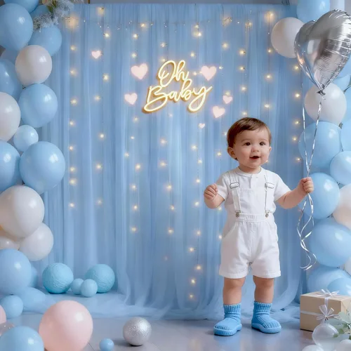 Miniatura 3 de Cortina de telón de fondo de tul azul bebé de 10 x 8 pies con cadena de luces para fiestas, cortinas de fondo transparentes para bodas, baby shower