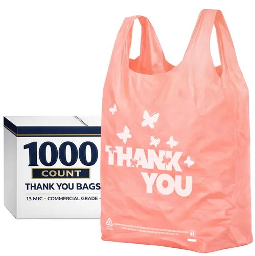 YoYoRain Bolsas de agradecimiento rosadas, 1000 bolsas para camisetas, bolsas para llevar, bolsas de comestibles, reutilizables y desechables, Rosado