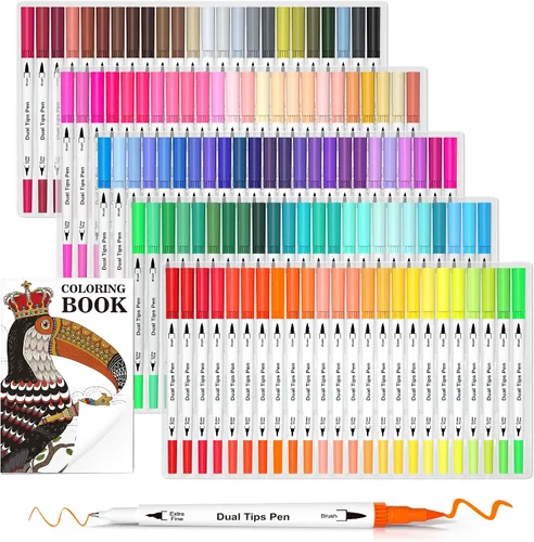 Lelix 120 Colores Rotuladores de Arte con Puntas Dobles de Pincel con un Libro para Colorear, Pincel y Rotuladores de Punta Fina Fineliner para