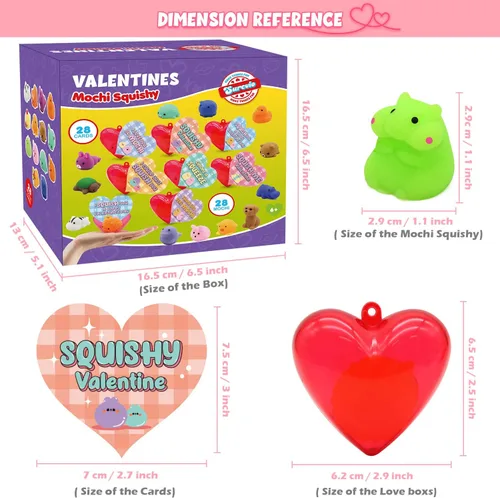 Miniatura 3 de SURCVIO Paquete de 28 regalos para el día de San Valentín para niños, juego de recuerdos de fiesta Mochi Squishies con corazones rellenos y tarjetas