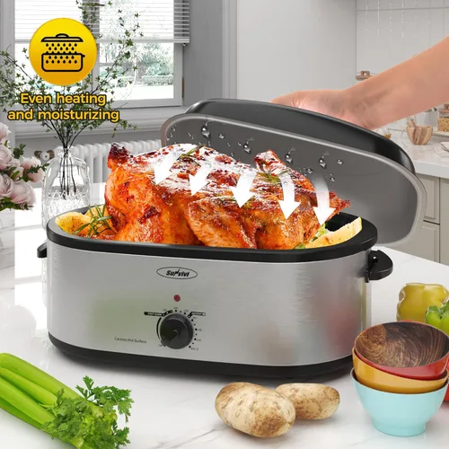 Miniatura 3 de Sunvivi Horno eléctrico asador de pavo de 20 cuartos de galón con tapa, tostadores eléctricos con bandeja extraíble, tostador grande, tapa