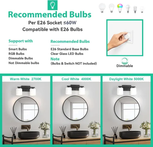 Miniatura 6 de Honesorn Luces Modernas de Tocador - 2 Luces Negras para Baño con Pantalla Esmerilada, E26 Montadas en Pared, Antioxidante