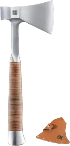 Halder Hacha de mano 35.27 oz – Hacha de metal forjado con mango de cuero y bolsa para cinturón, hoja de acero tratada térmicamente afilada, incluye