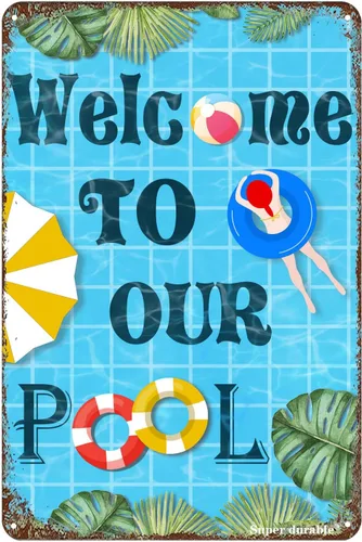 Letrero de metal vintage con texto en inglés "Welcome to Our Pool" para el hogar, bar, piscina, cocina, pub, pared, cubierta, 12 x 8 pulgadas