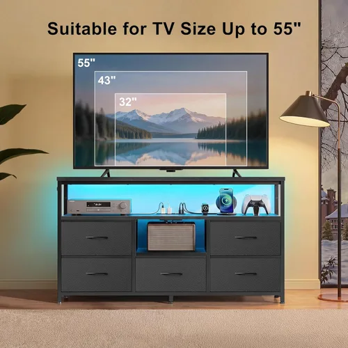 Miniatura 6 de Soporte de TV con luces LED y estación de carga, soporte de TV de 55 pulgadas para dormitorio, almacenamiento de cajones de tela, centro