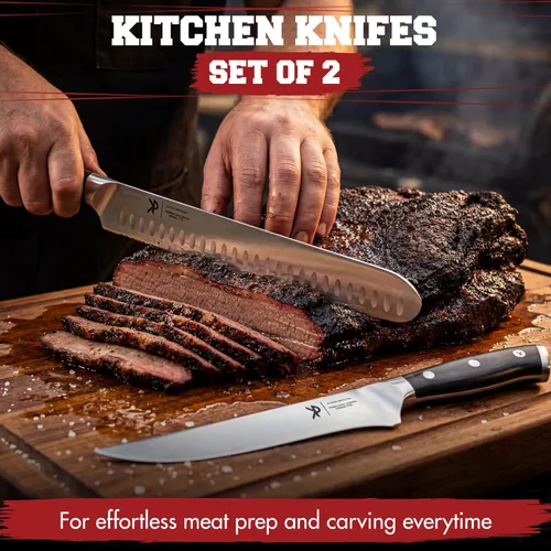 Miniatura 2 de Kitchen perfection Juego de Tallado de BBQ para Carne - Cuchillo de Cortar Pechuga de 12" + Cuchillo de Deshuesar de 6" con Fundas - Súper Afilado