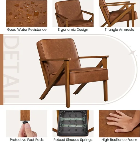 Miniatura 6 de Yaheetech Silla Decorativa, Sillón con Estructura de Madera Resistente, Silla de Estar Moderna y Retro de Piel Sintética para Sala de Marrón claro