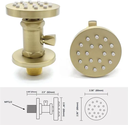 Miniatura 5 de Chorros de ducha de latón macizo con interruptor de encendido y apagado, rociadores de cuerpo de ducha redondos dorados cepillados, chorros de pared