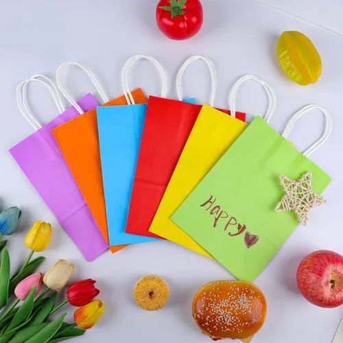 Miniatura 7 de XPCARE 60 Bolsas de Regalo de Papel, 6.3"x3.15"x8.66" Bolsas de Papel Kraft para Recuerdos de Fiesta a Granel Bolsa de Dulces Arcoíris Bolsa
