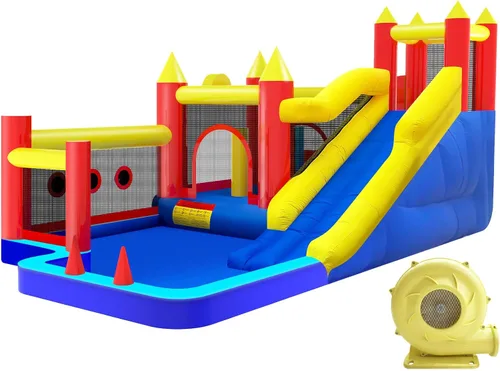 Casa de rebote, castillo inflable con soplador de aire para niños de 3 a 10 años, castillo para saltar con tobogán largo, para interiores y