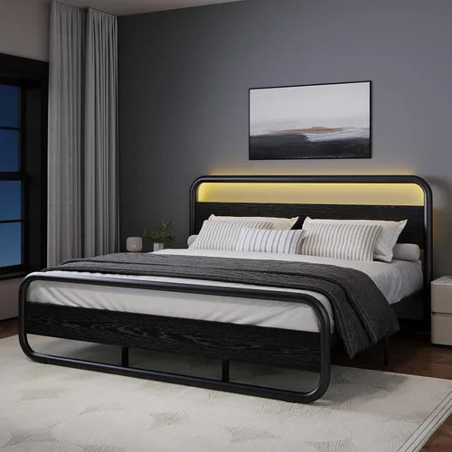Miniatura 11 de Catrimown - Marco para cama individual con luces LED, marco de cama plataforma individual resistente de metal rústico con cabecera de madera