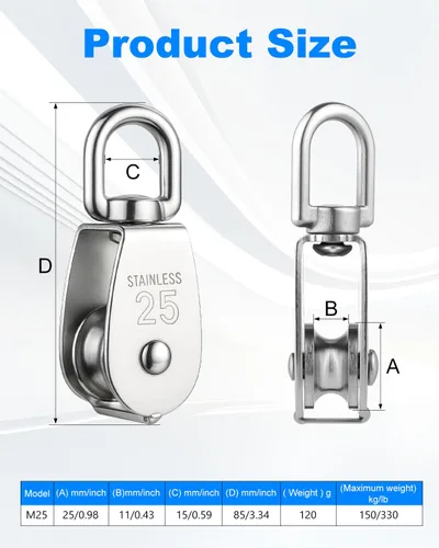 Miniatura 2 de Rocaris Paquete de 6 Poleas Simples de Elevación M25 con Carga de 330 Libras, Acero Inoxidable 304 de Servicio Pesado Bloque de Polea de Cuerda