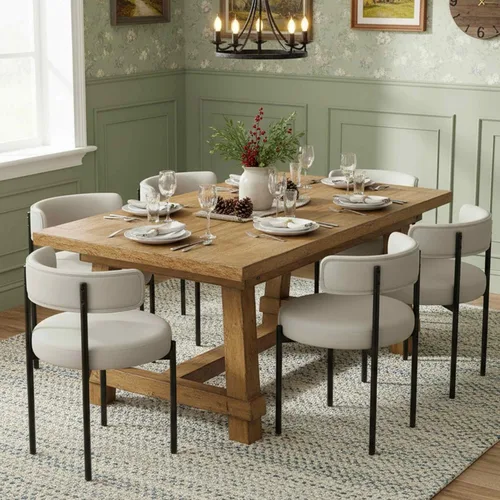Miniatura 21 de Juego de 2 sillas de comedor Boucle, sillas de comedor beige con asiento tapizado y respaldo redondo, sillas de cocina modernas de mediados de siglo