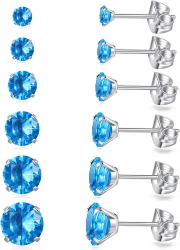 Juego de 6 pares de aretes tipo dormilona hipoalergénicos con circonita cúbica de acero inoxidable 316L, 0.118-0.315 in