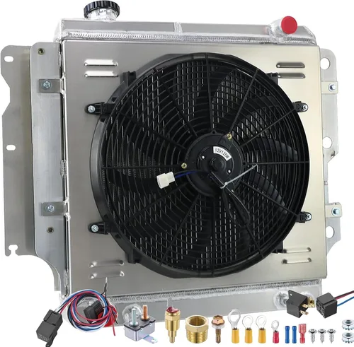 Miniatura 4 de Radiador compatible con Jeep Wrangler TJ 2.4L-4.2L 1987-06, radiador de aluminio de 3 filas + cubierta de ventilador de 120 W + kit de relé