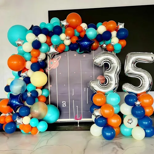 Miniatura 6 de Globos azules y naranjas, globos azul marino verde azulado de 12 pulgadas con globo plateado metálico para niños y niñas, cumpleaños, Acción