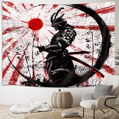 Miniatura 3 de iTapnoom Tapiz decorativo de arte samurái japonés para colgar en la pared para dormitorio, póster de anime rojo y negro con sol y luna para hombres