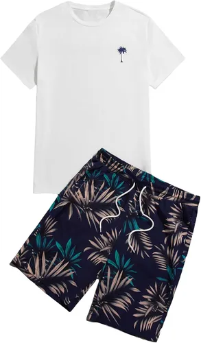 Miniatura 82 de GORGLITTER Conjunto de 2 piezas de camiseta gráfica de manga corta para hombre, estampado hawaiano con cordón y pantalones cortos