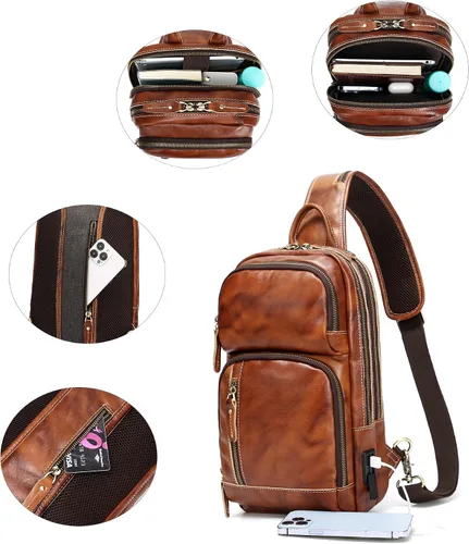 Miniatura 4 de LANNSYNE Bolso bandolera de cuero de grano completo para hombre, mochila cruzada para el pecho para iPad de 10.5 pulgadas