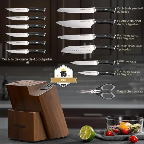 Miniatura 6 de Astercook Juego de cuchillos de cocina con bloque y afilador doble, 15 cuchillos de acero inoxidable alemán de hoja afilada, aptos para Premium
