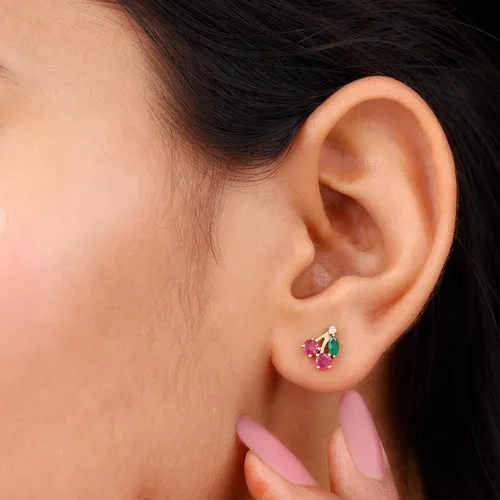 Miniatura 9 de Aretes de cereza esmeralda y rubí natural para mujer, calidad AAA certificada, aretes de tuerca de cereza roja