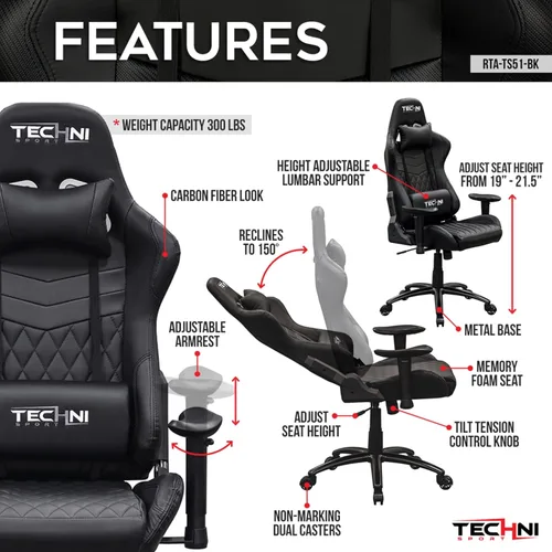Miniatura 4 de Techni Sport RTA-TS51-BK - Silla para juegos, color negro Adjustable lumbar support, adjustable armrests, carbon fiber look, 300 lb capacity