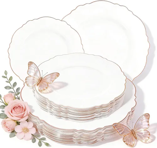 Miniatura 15 de WDF 100 platos de plástico plateado, diseño barroco de alta gama, platos blancos y plateados resistentes para fiestas de Navidad y bodas de lujo
