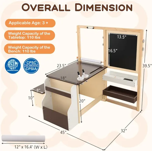 Miniatura 6 de Costzon Caballete para niños, centro de arte de madera con pizarra de doble cara y pizarra blanca, rollo de papel para dibujo, manualidades