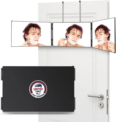 Miniatura 8 de Dripex Espejo de 3 vías para hombres o mujeres, espejo de 360° triple para corte de pelo automático con ganchos ajustables en altura