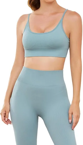 Miniatura 8 de Conjuntos de entrenamiento para mujer, 3 piezas, sin costuras, acanalados, sin mangas, cintura alta, pantalones cortos de yoga